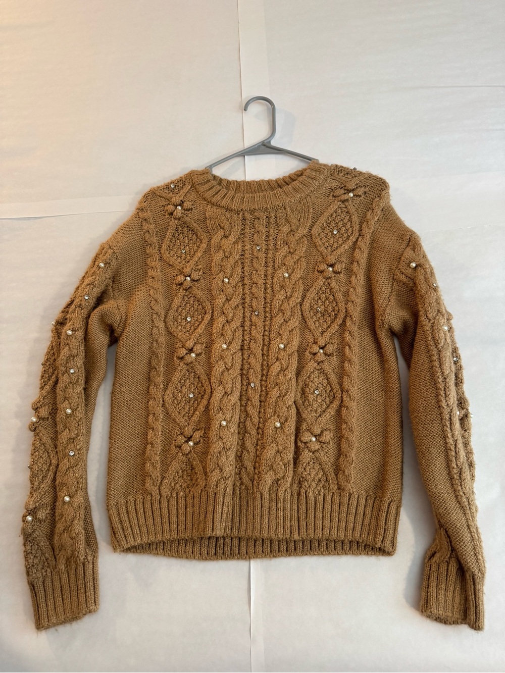 Cable Knit Pearl-Embellished Sweater - Camel